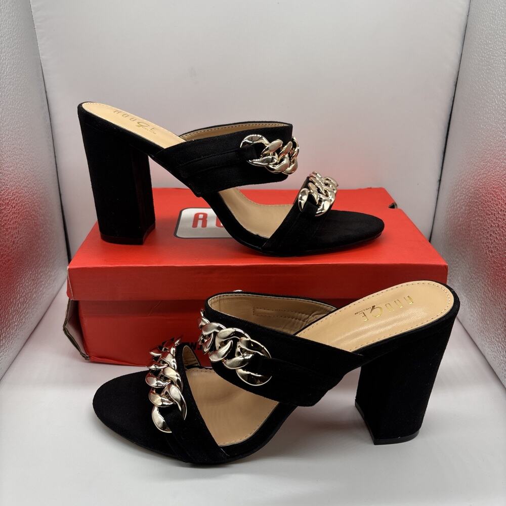 NIB Rouge Black Faux Suede Block Heel Mules Gold Chain Sandals Women's Size 10